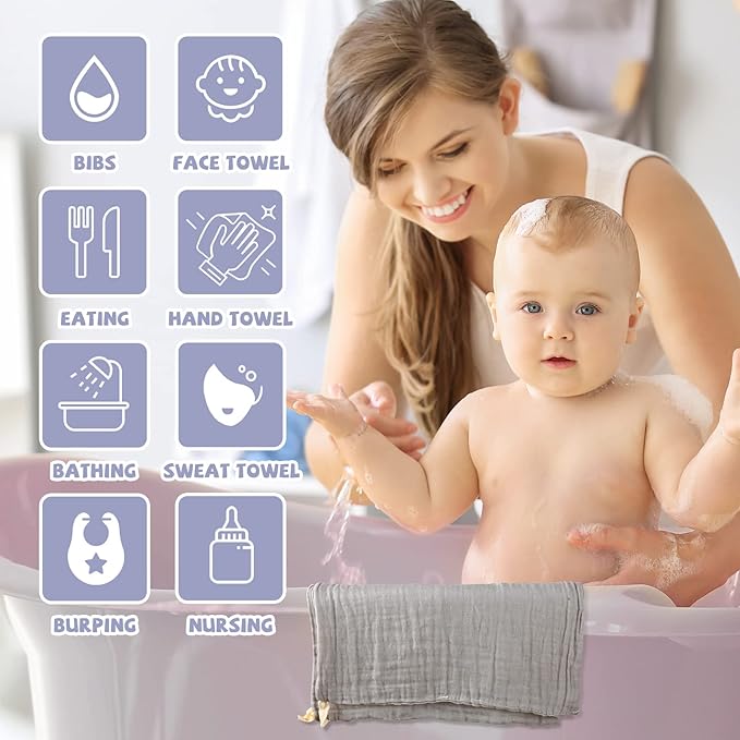 MUKIN Baby Washcloths - Soft Face Cloths for Newborn, Absorbent Bath Face Towels 6-12x12 inches