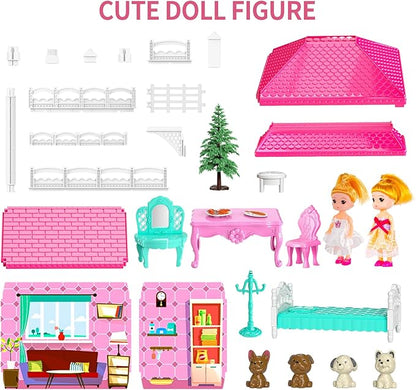 TEMI Villa Toys for 3-8 Years Old Girls - 2 Storeys 4 Rooms Indoor Playset with 2 Dolls, Furniture and Accessories, Pretend Girls Plays, Building Toys, Gifts for Kids 3-5