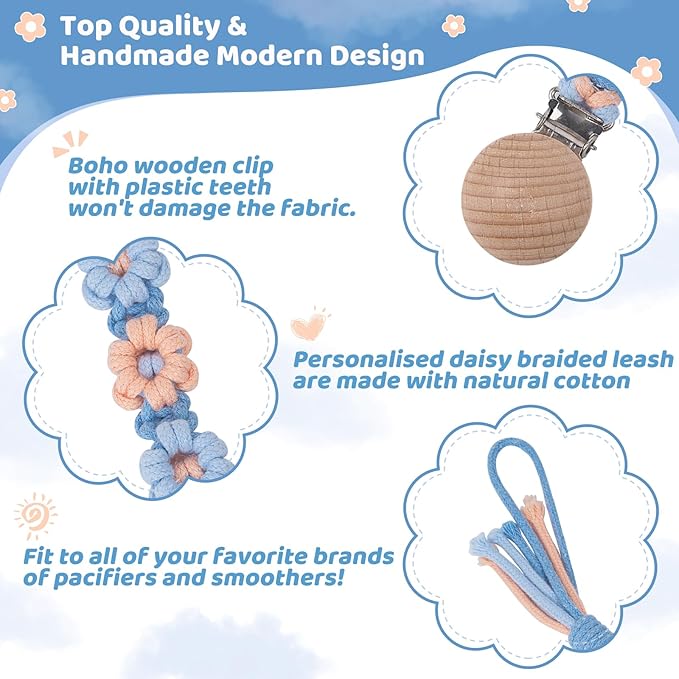 Pacifier Clip for Boys Girls Floral Daisy Macrame Baby Paci (1pack:Blue Daisy
