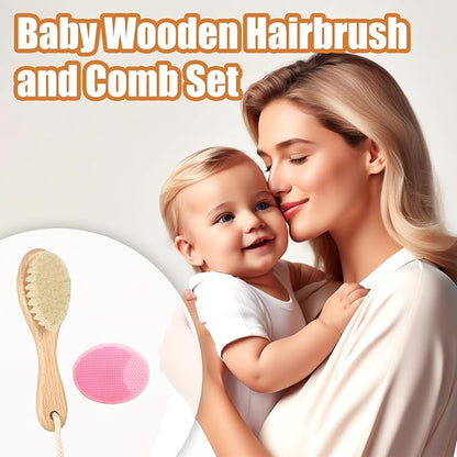 Wooden Soft Goat Bristles Brush with Baby Silicone Hair Scrubber Cradle Cap Brush for Newborn, Toddler, Infant, Baby Hair Care Kit (Pink)