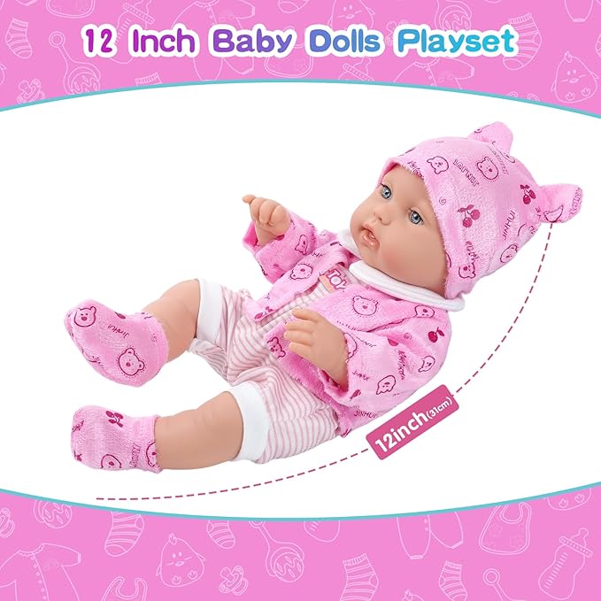 12 Inch Baby Doll Playset with Reborn Baby Dolls Clothes
