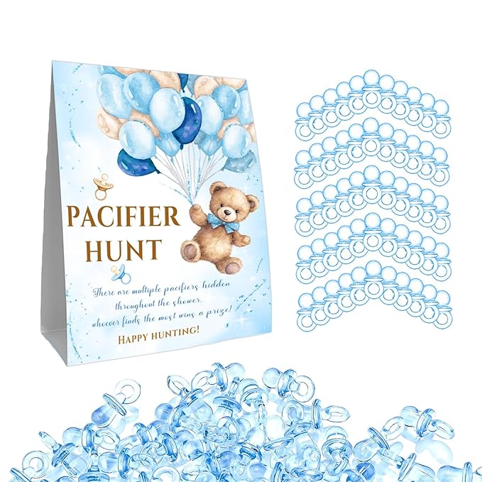 Winnie Pacifier Hunt Sign, Mini Pacifiers Baby Shower Game Set 50Pcs Blue