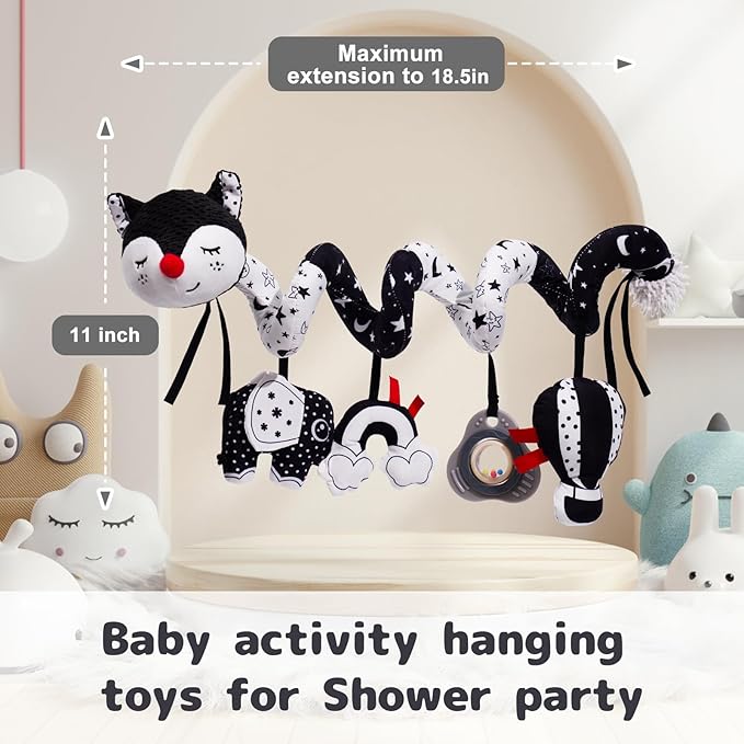 Koty Car Seat Toys, Infant Baby Spiral Plush Activity Hanging Toy for Stroller Bar Pram Crib with Music Box BB Squeaker & Rattles(Black Fox)