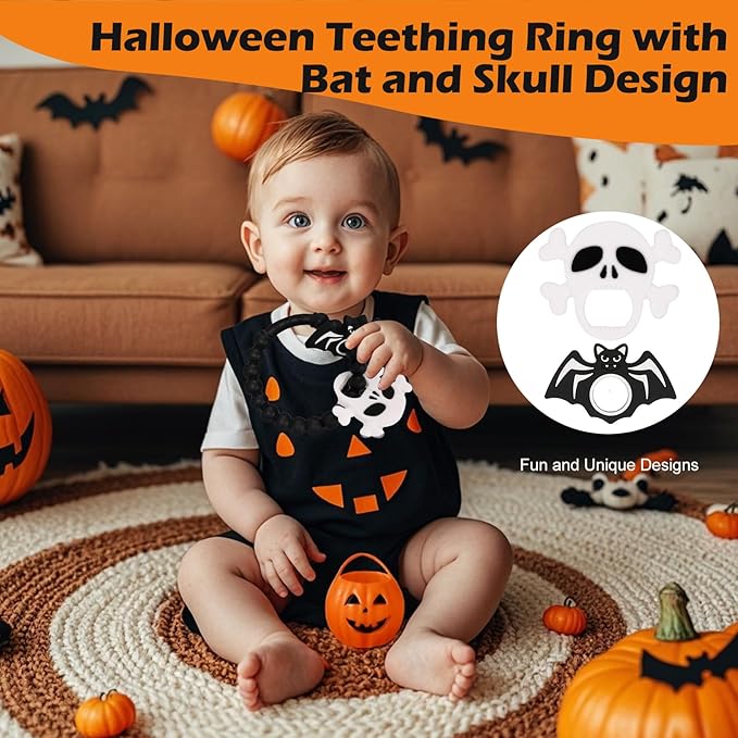 Halloween Baby Teething Ring Toys ??Skull & Bat Silicone Teethers for Newborns, Infants & Toddlers