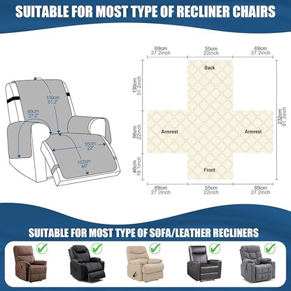 TAOCOCO 100% Waterproof Recliner Covers, Recliner Sofa Covers with Leg Straps, Reversible Recliner Couch Cover for Reclining Chair, Washable Couch Protector for Pets Kids(1 Seater 22", Bluish Gray)