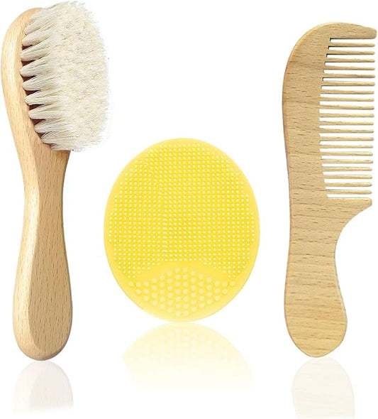 Baby Hair Brush with Wooden Handle and Comb Set for Newborns & Toddlers | Natural Soft Goat Bristles l Wood comb l Yellow Silicone Brush (3PCS)