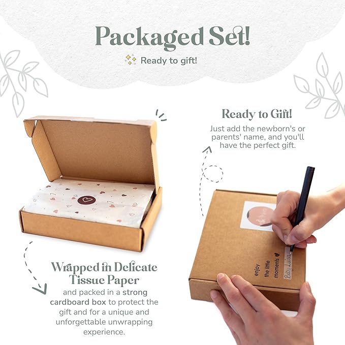 Mikito Organic Cotton Newborn Gifts Box, Baby Gifts Unisex incl. Muslin Baby Lovey Comforter + Baby Bandana Bib Drool + Wooden Baby Teether + Birth Announcement Sign