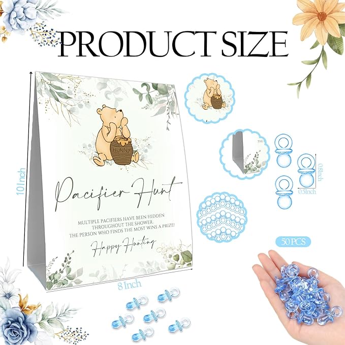 Winnie Mini Pacifiers Baby Shower Game Set, Classic Winnie Decor Pacifier Hunt Baby Shower Game 50Pcs Blue 8 * 10IN