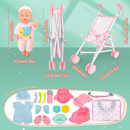 deAO Baby Doll Stroller Set with 13 inch Doll,Kids Play Stroller Toys 13" Baby Stroller,18 PCS 2 Sets