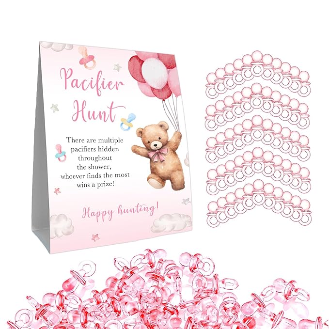 Winnie Pacifier Hunt Sign, Mini Pacifiers Baby Shower Game Set 50Pcs Pooh 5 * 7IN
