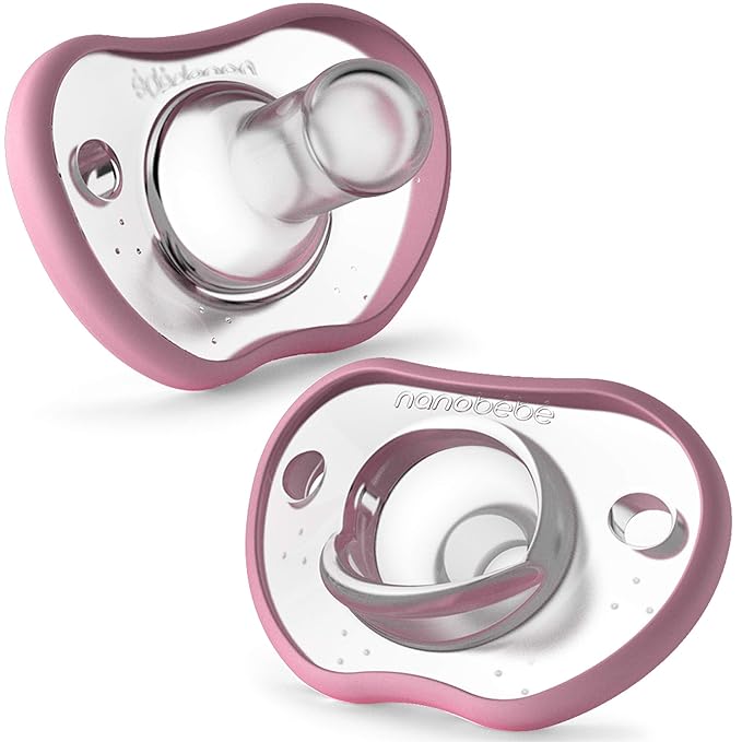 Nanobebe Baby Pacifiers 0-3 Month - Orthodontic, Curves Comfortably with Face Contour 100% Silicone 2pk,Pink