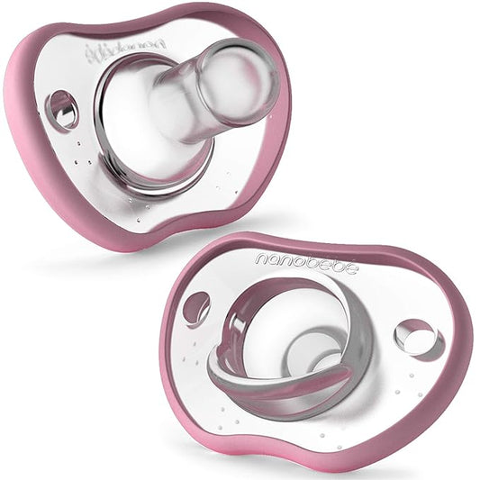 Nanobebe Baby Pacifiers 0-3 Month - Orthodontic, Curves Comfortably with Face Contour 100% Silicone 2pk,Pink
