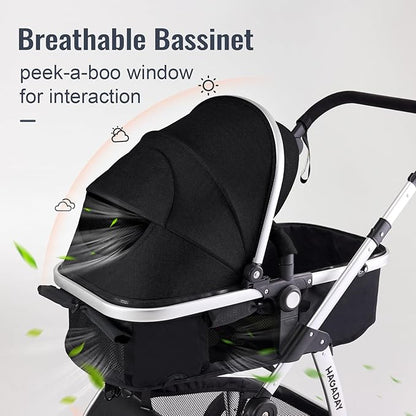 Baby Stroller, 2-in-1 Reversible Toddler Seat with Lie-Flat Mode, Foldable Infant Stroller with Canopy, One Button Brake, Adjustable Handle, Newborn Pushchair(Black)