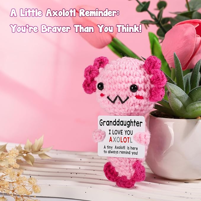 Granddaughter Gifts from Grandma, Grandpa Grandparents, Crochet Axolotl for Year Old Little Girl Kid, Best for Birthday, Christmas Stocking Stuffers, Valentines, Teen Girls Teenage Under 10 Dollars