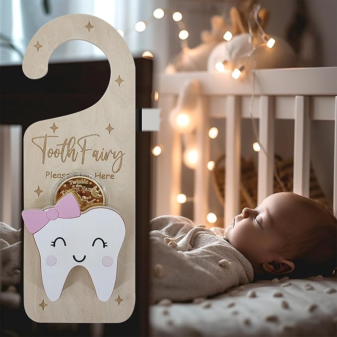 Tooth Fairy Door Hanger, Wooden Tooth Fairy Holder with Tooth