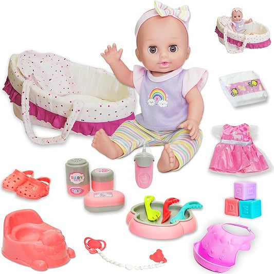 12 Inch Baby Doll Play Set with Carrier Bassinet Bed,Talking Realistic Newborn Baby Doll Toys Incl 2 Clothes & Accessories 3 4 5 6+