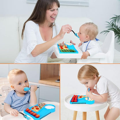 Construction Toddler Plates - Toddler Eating Utensil Set with Removable Straw - Toddler Utensils Set - Baby Plates Feeding Set - for Stocking Stuffers and Birthday Gifts - Blue