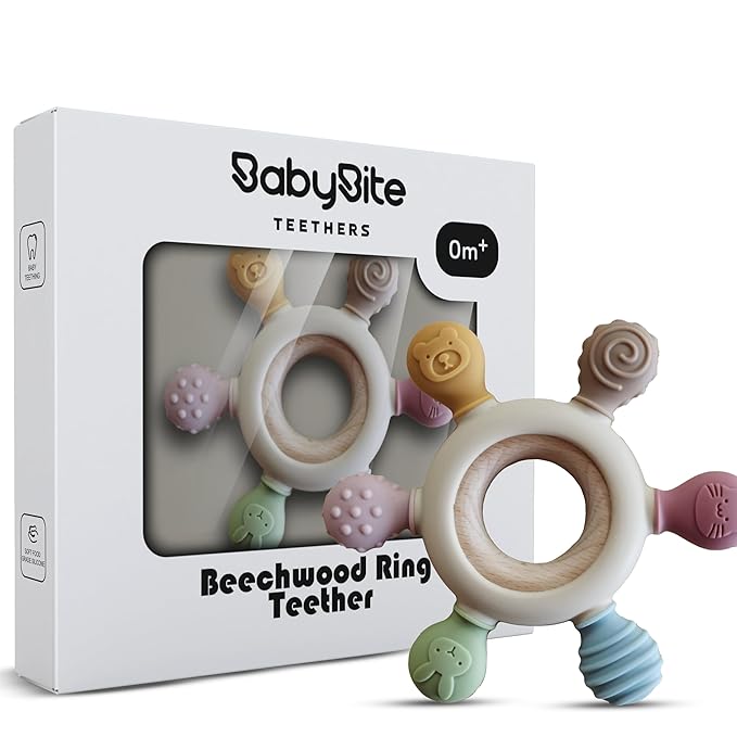 [BabyBite] Baby Teething Toys Silicone and Beechwood Baby Teether Ring 100% BPA 0M+