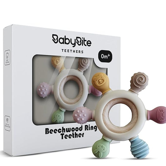 [BabyBite] Baby Teething Toys Silicone and Beechwood Baby Teether Ring 100% BPA 0M+