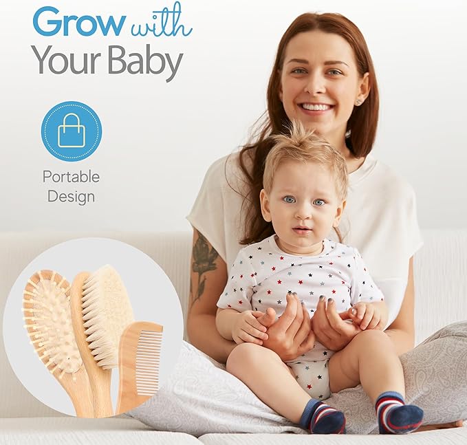 The Hat Pros Wooden Baby Hairbrush & Comb Set for Newborn and Toddlers Soft Goat Hair Brush for Babies and Infants Prevents Cradle Cap