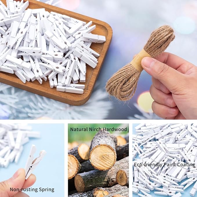 260Pcs White Mini Clothes Pins for Photos, Small Clothes Pins with Jute Twine