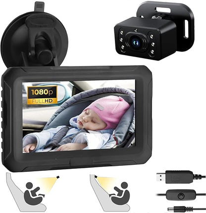 eSynic Baby Car Camera with 4.3 Inch Screen Backseat Baby Monitor 1080P HD Night Vision USB-Powered 360° Rotating Lens 150° Wide Angle 8 LEDs for Baby Car Seat Monitoring Driving Safety