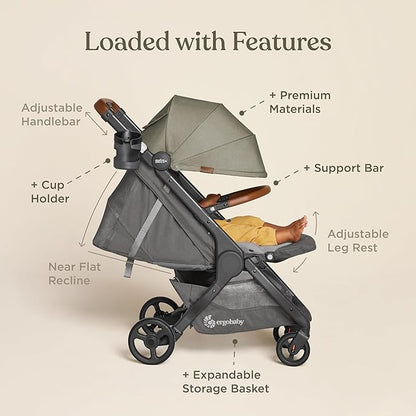 Ergobaby Metro+ Deluxe Compact Baby Stroller, Lightweight Umbrella Stroller Folds Down for Overhead Airplane Storage (Carries up to 50 lbs), Car Seat Compatible, Skyline Shadow