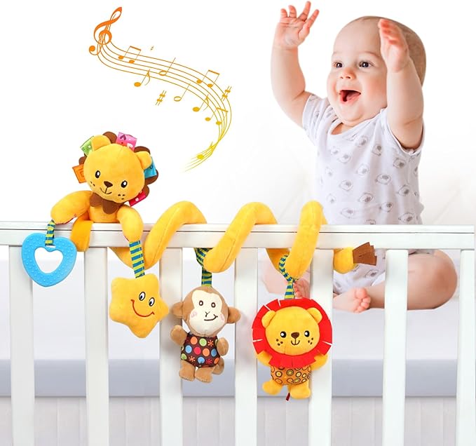 Jollybaby Baby Car Seat Stroller Toys, Plush Activity Hanging Spiral Activity Pram Crib with Music Box, Rattles, Squeaker for Babies Infant Boys Girls(Little Lion)