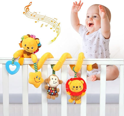 Jollybaby Baby Car Seat Stroller Toys, Plush Activity Hanging Spiral Activity Pram Crib with Music Box, Rattles, Squeaker for Babies Infant Boys Girls(Little Lion)