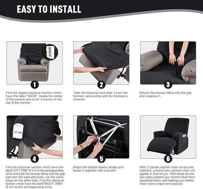 KinCam Recliner Covers, Stretch Reclining Chair Covers, Recliner Sofa Slipcovers Stripe Jacquard Recliner Couch Covers Furniture Protector Covers for Pet Kid (1 Seater, Black)