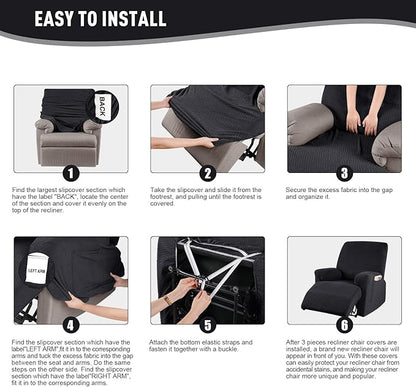 KinCam Recliner Covers, Stretch Reclining Chair Covers, Recliner Sofa Slipcovers Stripe Jacquard Recliner Couch Covers Furniture Protector Covers for Pet Kid (1 Seater, Black)