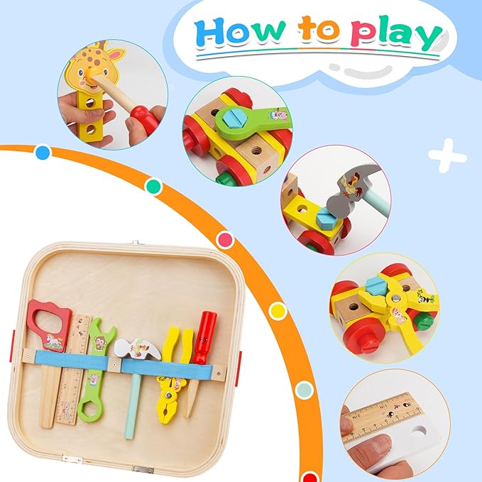 Wooden Animal Tool Box for Kids, Contains Stickers, Screws, Assembly Tools, Animal Building Blocks, Children's Montessori Building Block Assembly Toy, Ideal Gift for Boys and Girls 3，4，5，6
