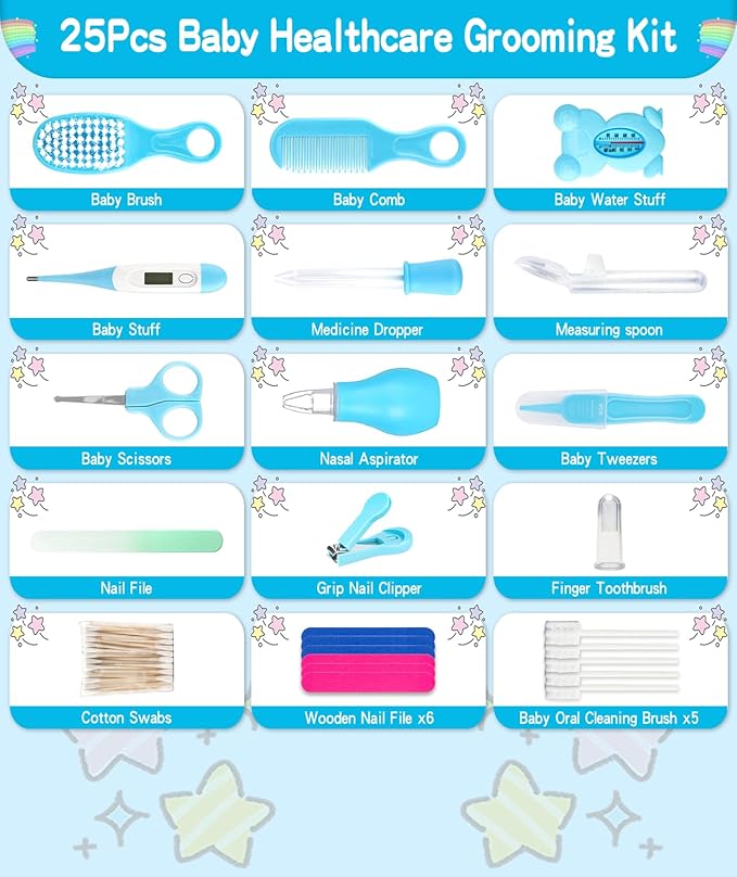 Baby Grooming and Healthcare Kit, Portable Baby Safety Care Set with Hair Brush Comb Nail Clipper Nasal Aspirator for Nursery Newborn Infant Girl Boy (25 in 1, Blue)