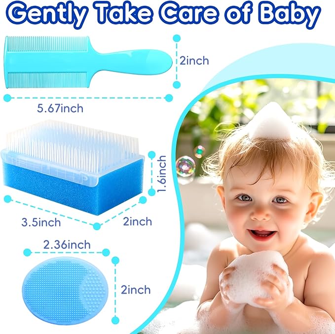 Cradle Cap Brush for Babies, Set of 5 Baby Bath Essentials with Bath Sponge Silicone Scrubber Long Handle Comb for Newborns Toddlers Boys Girls (Blue)