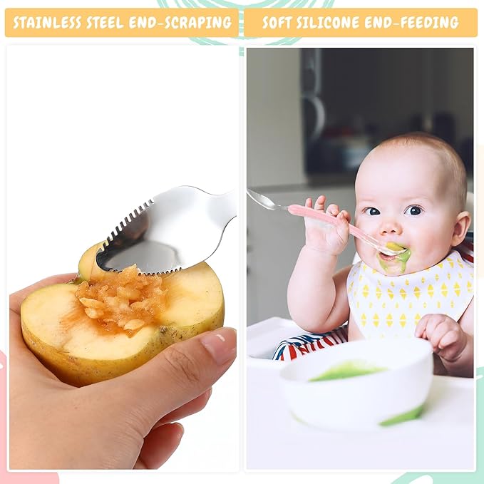 Lallisa 2 Pcs Double Head Baby Silicone Food Spoon Baby Fruit Scraping Mud Spoon Soft Feeding Food Scraper for Infants Fruit Feeding (Purple and Pink)