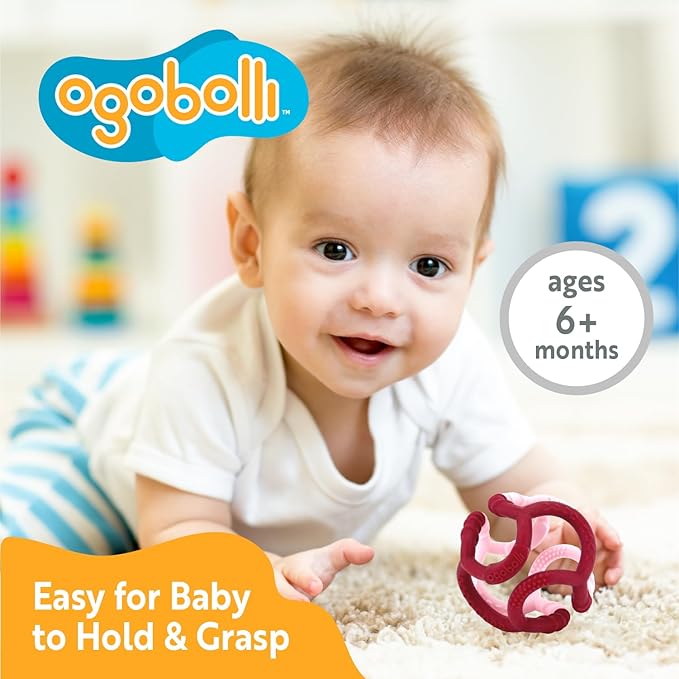 OgoBolli Gummi Teether Ring Textured Sensory Ball Toy for Babies & Toddlers - Stretchy, Soft Non-Toxic Silicone 6+ Months
