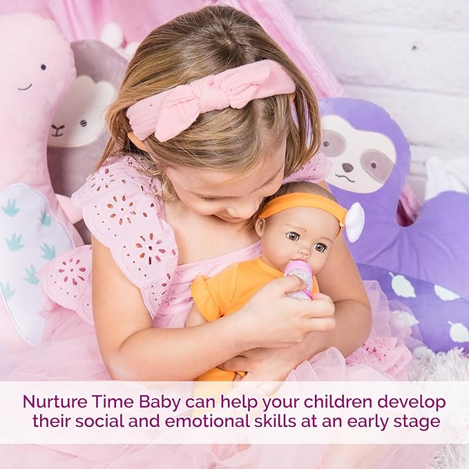 Adora Nurture Time Babies Collection, 13" Baby Doll and Clothes Set with 3 Touch Activated Features Includes Removable Cloud Patterned Outfit, Doll Bottle, Birthday Gift For Ages 1+ - Sweet Orange
