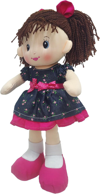 Linzy Plush 16" Libby Soft Plush Rag Doll with Navy Blue Dress and Printed Magenta Roses, Rag Doll for Girls (93864-2),L-93864-2