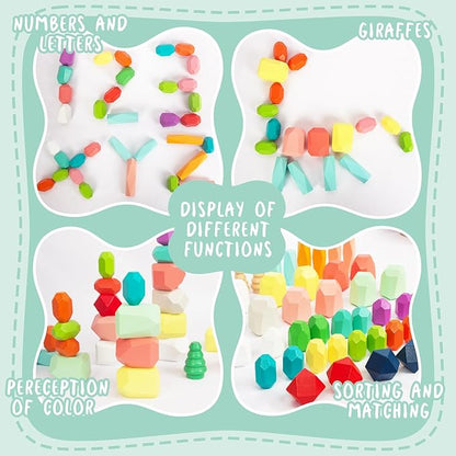 48 PCS Wooden Sorting Stacking Rocks Stones,Sensory Toddler Toys Learning Montessori STEM Toys 3-6 Years