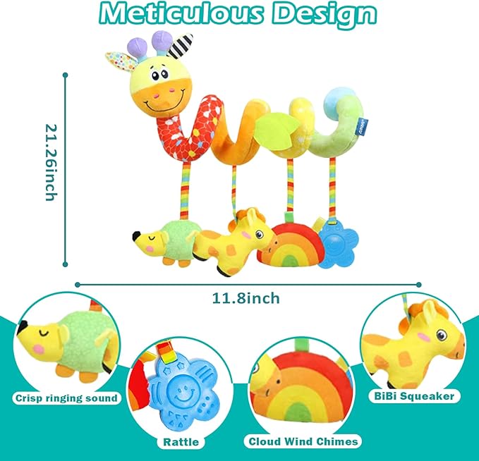Spiral Car Seat Toys Stroller Toy for Babies - Baby Crib Hanging Rattles Toys for Babies 0-12 Months, Carseat Pram Crib with Musical Rattle Toy for Newborn Boys Girls Gifts（Giraffe）