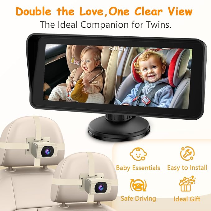 Yakry 2-Kids Baby Car Camera for Seat: 6.9 Inch Split-Screen Display with 2 Cameras Rear Facing - HD 1080P, IR Night Vision, Easy to Install Backseat Camera with 150°Wide Angle White