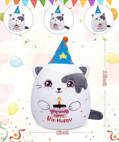 Birthday Stuff Cat Plush Gift - Adorable Blue White Cat Stuffed Doll, Cute Birthday Hat and Cake, Soft Huggable for Kids' Gifts, Cute Decor, 8 Inch