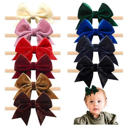 10PCS Velvet Baby Bows Stretchy Nylon Headbands Baby Girls Handmade 3.5Inches