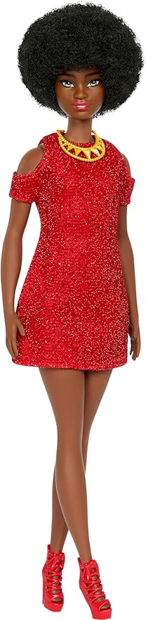 Barbie Fashionistas Doll #221 with Natural Black Hair Wearing Removable Red Dress & Accessories, 65th Anniversary Collectible Toy