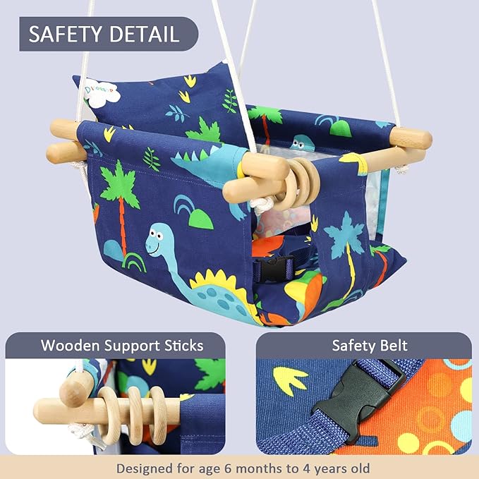 DILIMI Wooden Baby Swing Toddler Swing Indoor & Outdoor Infant Hanging Swing Chair with Canvas Cushion, Swing Sets for Backyard