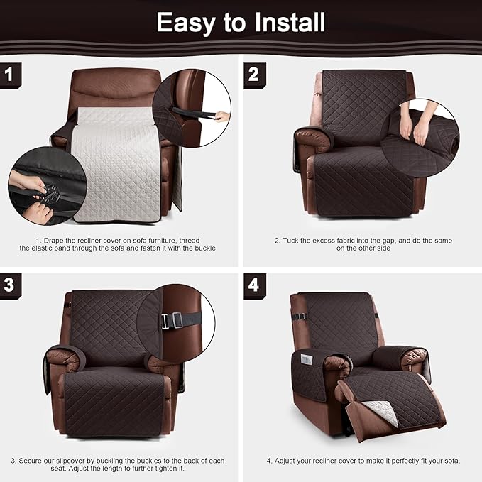 KinCam 100% Waterproof Recliner Chair Cover, Reclining Couch Covers for Pets, Dogs, Recliner Couch Slipcover Furniture Protector with Elastic Straps for Kids(23.6", Chocolate)