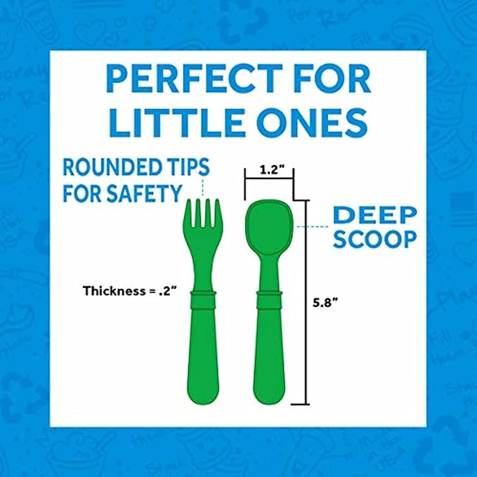 Re-Play Made in USA Toddler Forks and Spoons, Pack of 8 Without Carrying Case - 4 Kids Forks with Rounded Tips and 4 Deep Scoop Toddler Spoons - 0.2" Thick Toddler Utensils, Modern Mint