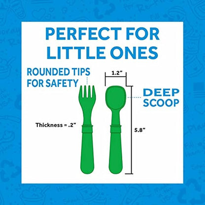 Re-Play Made in USA Toddler Forks and Spoons, Pack of 8 Without Carrying Case - 4 Kids Forks with Rounded Tips and 4 Deep Scoop Toddler Spoons - 0.2" Thick Toddler Utensils, Modern Mint