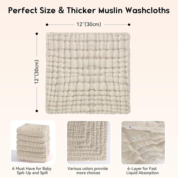 Muslin Baby Washcloths 6 Pack, 100% Cotton Wash Cloths for Babies, Large 12''X12'' Burp Cloths Absorbent and Soft for Newborn Infants Kids Boys Girls - Apricot