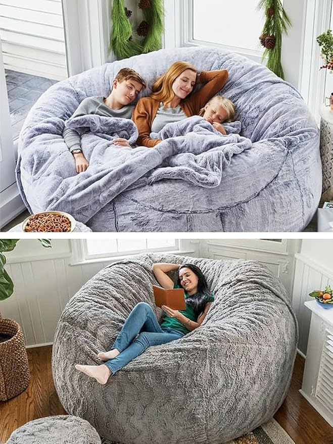 Bean Bag Chair for Kids Adults Without Filler Oversized Round Plush Beanbag Chair Lazy Sofa Cover for Stuffed Animal Storage Floor Chair, 5FT, Light Grey